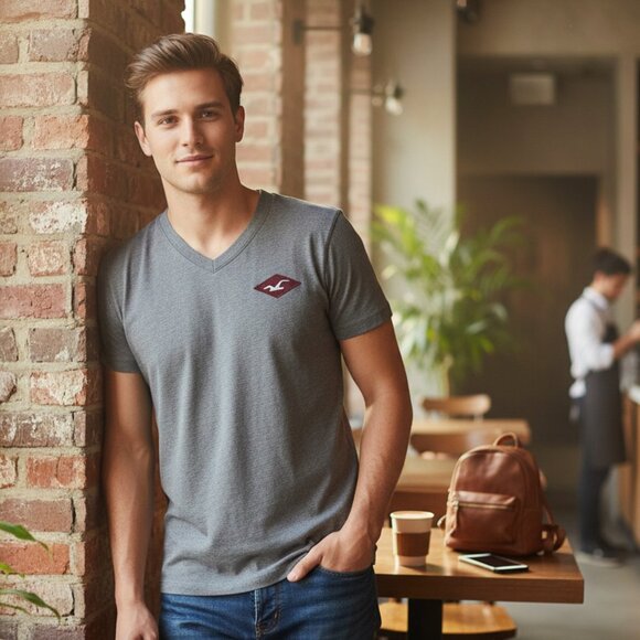 New Grey Hollister Short Sleeve V-Neck shirt Size Large - Picture 2 of 6